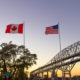 The twin spans of the Blue Water Bridges international crossing between the cities of Port Huron, Michigan and Sarnia, Ontario is one of the busiest border crossings between Canada and the United States.