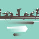 An illustration of business people rowing