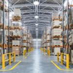 Warehouse or storage and shelves with cardboard boxes. Industrial background. 3d illustration