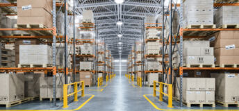 Warehouse or storage and shelves with cardboard boxes. Industrial background. 3d illustration