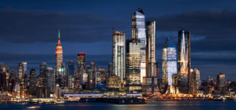New York City skyline from the Hudson River with the skyscrapers of the Hudson Yards redevelopment project. Manhattan Midtown West, NYC, NY, USA
